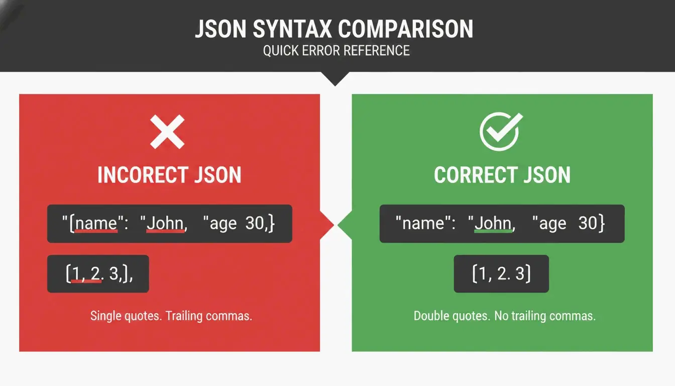A simple Right vs Wrong comparison of JSON syntax rules.