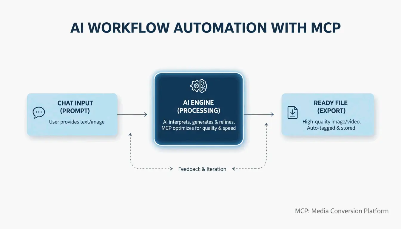 Ein einfacher 3-Schritt-KI-Workflow: Nutzereingabe -> KI-Verarbeitung -> optimiertes Bild.