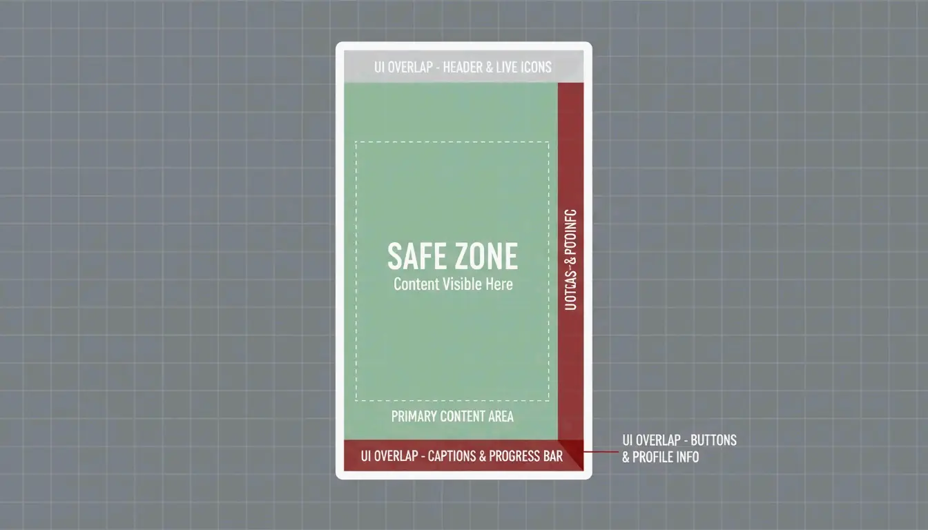 Ein 9:16-Rahmen, der die zentrale „Sicherheitszone (Safe Zone)“ fernab der UI-Elemente hervorhebt.