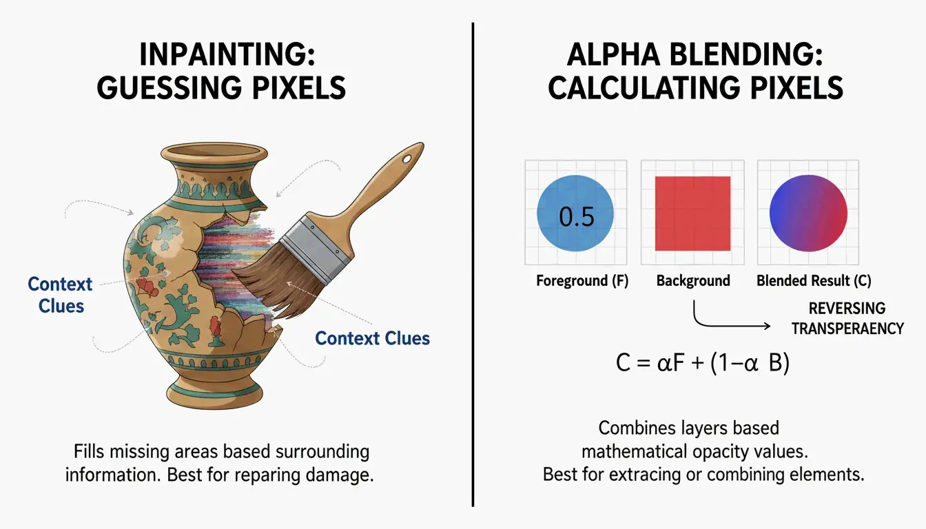 Direkter visuelle Vergleich von Inpainting (Rekonstruktion) vs. Alpha Blending (mathematische Umkehrung)