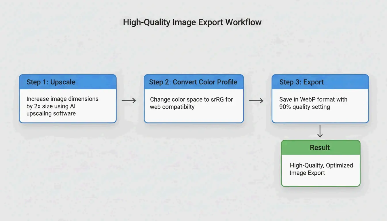 Ein dreistufiger Export-Workflow: Größe anpassen (2x) -> Profil (sRGB) -> Format (WebP).