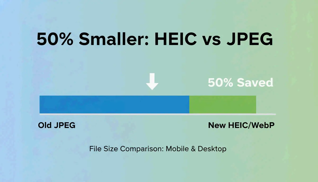 Ein einfacher direkter Vergleich der Dateigrößenreduzierung (z. B. JPEG vs. HEIC).