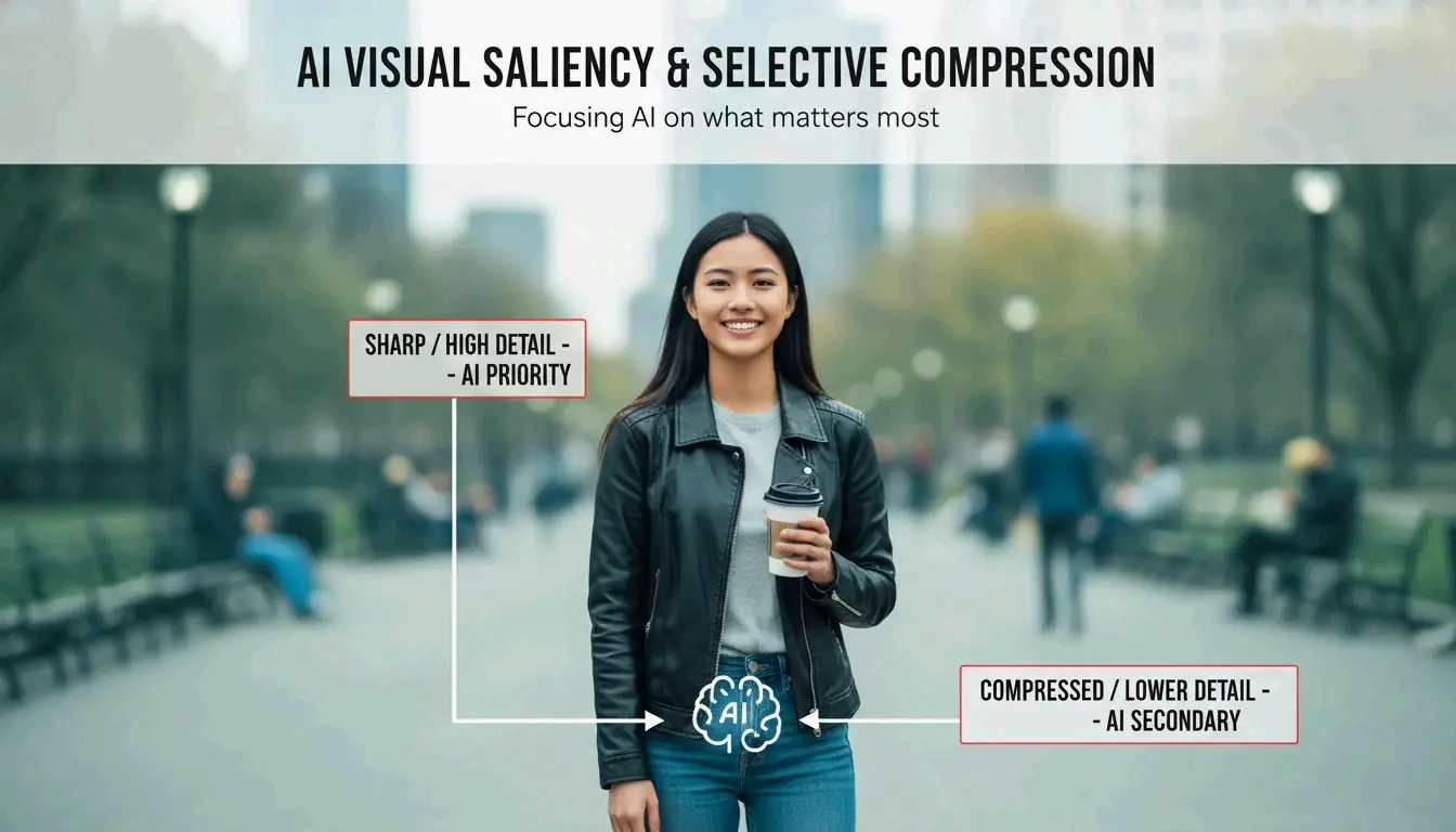Das KI-„Visual Saliency"-Konzept: Fokus auf das Motiv vs. Hintergrundkomprimierung.