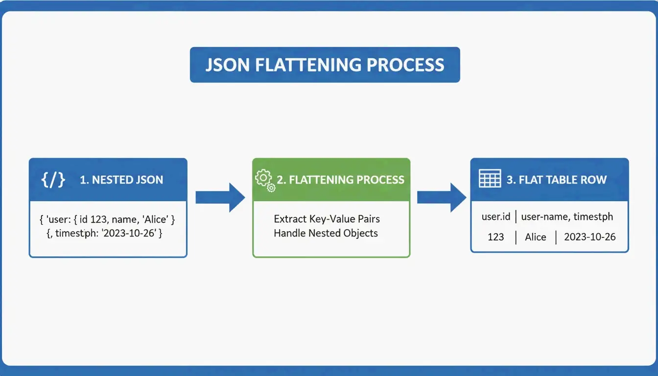 İç içe JSON'un düz bir tablo satırına dönüştürülmesinin 3 adımlı görselleştirmesi