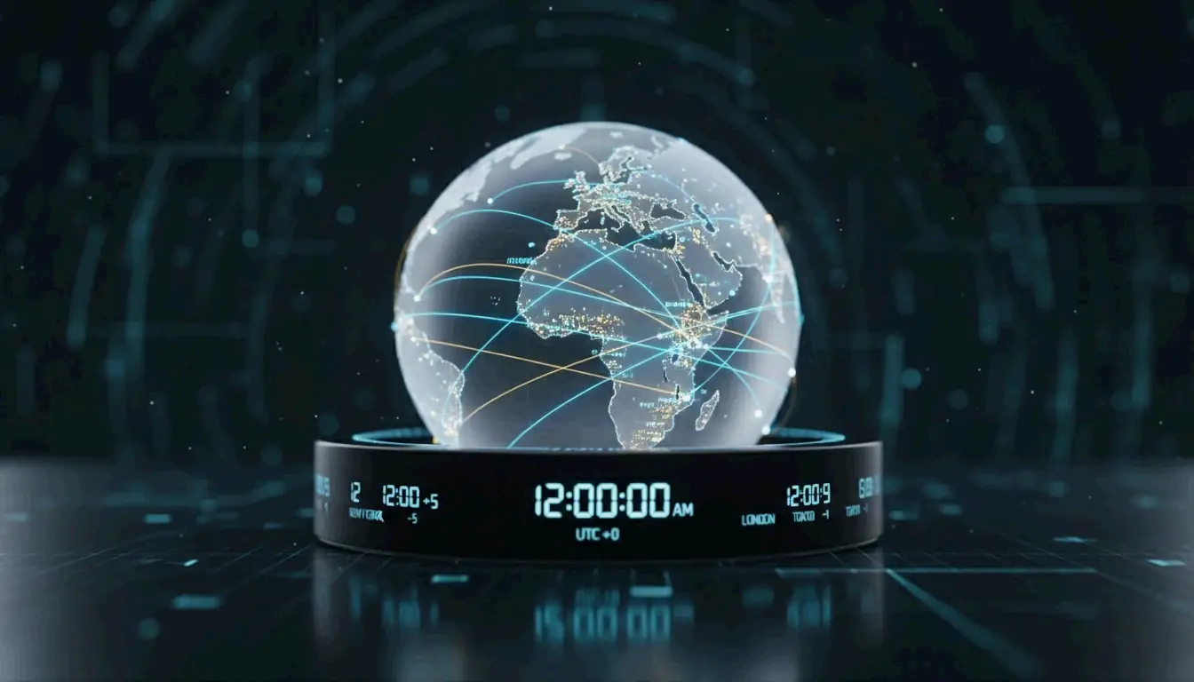 A futuristic, minimalist visual of global connectivity and synchronized time.