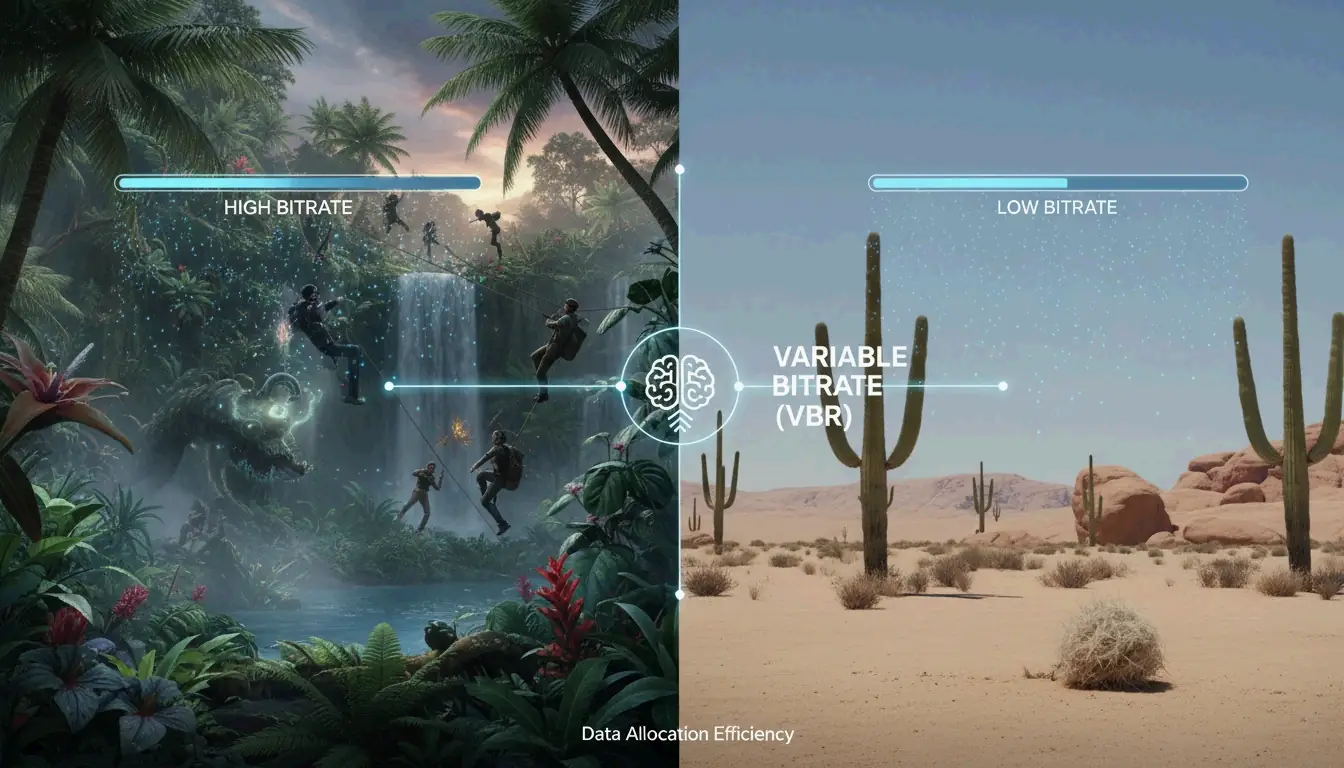 A visual metaphor of VBR: allocating more "fuel" (data) to action and less to static scenes.
