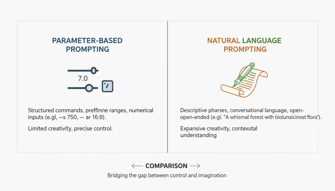 Vergleich von strukturierten Parametern (Midjourney) und natürlicher Sprache (Flux/GPT)