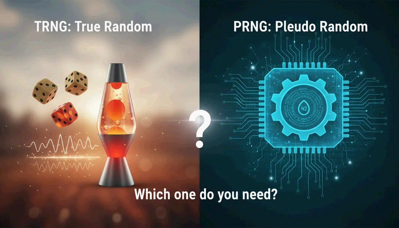 Simple side-by-side: left side shows physical phenomena (dice, thermal noise, lava lamp) with label "TRNG: True Random", right side shows algorithm + seed icon with label "PRNG: Pseudo Random", both feeding into a question mark "Which do you need?"
