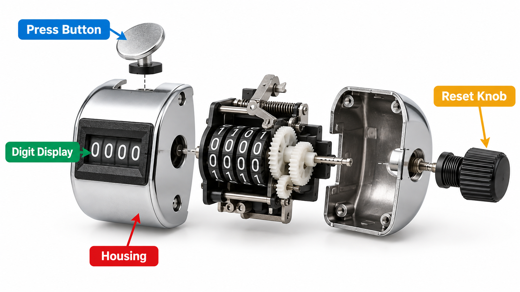 Exploded view of a standard mechanical tally counter