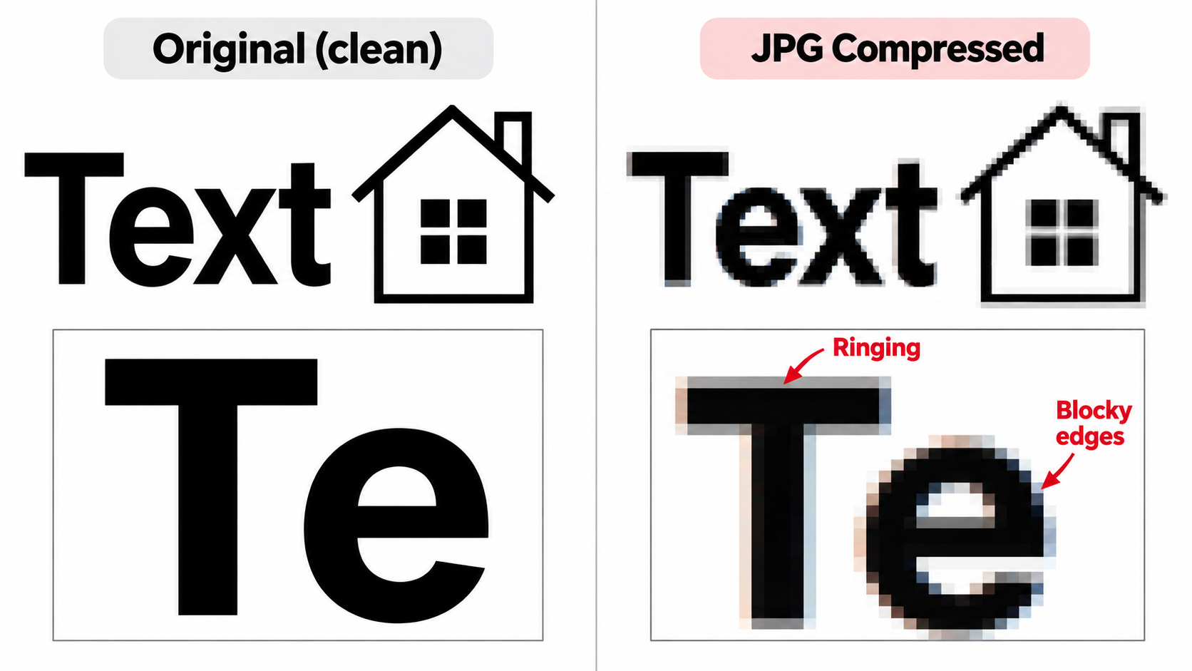 Sharp text vs JPG-artifacted text close-up